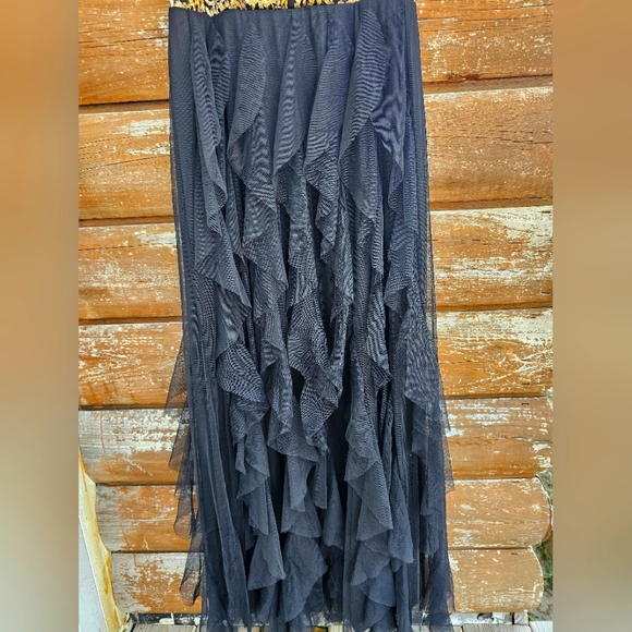 Candalite Long Maxi Halter Formal Dress Gold Lace & Gems Ruffle Black Bottom - Picture 3 of 11